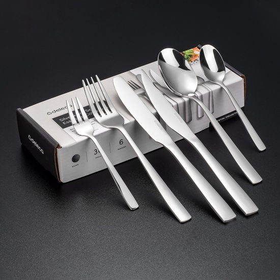 Deleca 6 Personen Besteckset Essential (36 Teile) - Löffel, Messer, Gabeln, Steakmesser & Kuchengabeln - Spülmaschinenfestes Besteck - Glänzend Silber / Edelstahl