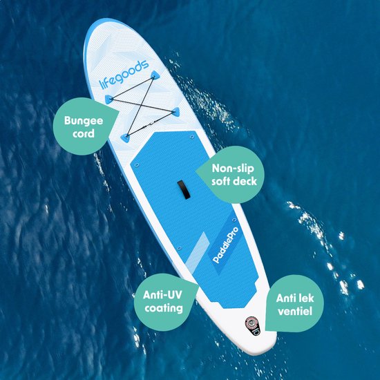 LifeGoods SUP Board All-round Compact - Mit Sitz - 100 KG Tragfähigkeit - 300 x 76 cm - Aufblasbar - Komplettes SUP Paket - Himmelblau