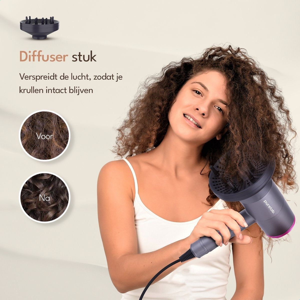 Purelab Haartrockner mit Diffusor - Ionen-Haartrockner - 3 Stufen - Schwarz