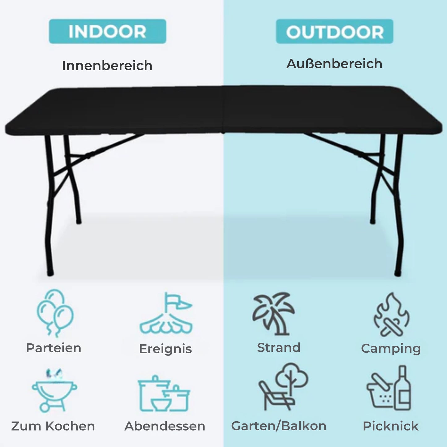 LifeGoods Zusammenklappbarer Tisch - 70x180cm - Verstellbarer und stabiler Klapptisch - Wetterfest - Outdoor-Klapptisch - Schwarz