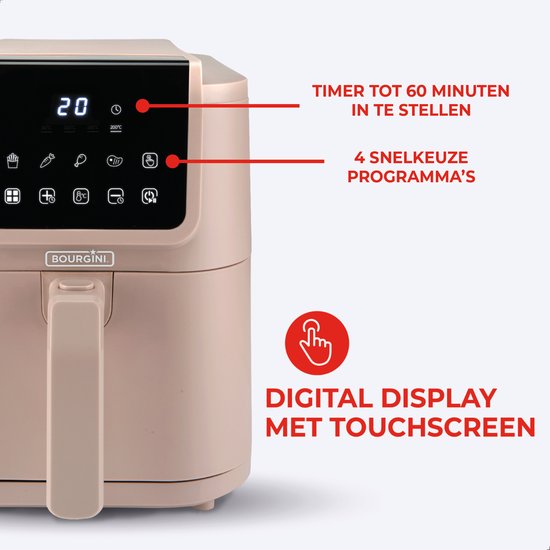 Bourgini Slimfit Airfryer XL Beige - Heißluftfritteuse - 5 Liter - 1500W - PFAS frei