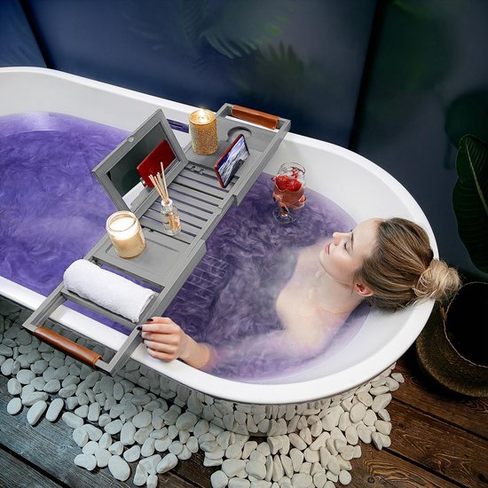 RelaxTub® Badewannenbrett - Badewannenbrett für die Badewanne - Badewannenregal - Verstellbar - Rutschfest - Badewannenbrett Grau - Badewannenbrett Holz - Badewannenregal mit Buchhalter, Tablet-Halter & Spiegel