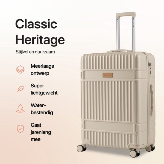 SKYCASES – Mittelgroßer Reisekoffer – Classic Heritage – Leichtgewicht – TSA-Schloss – 66 x 45 x 26 cm – 63 l – M-Rollkoffer – Geräuscharme Rollen – Beige