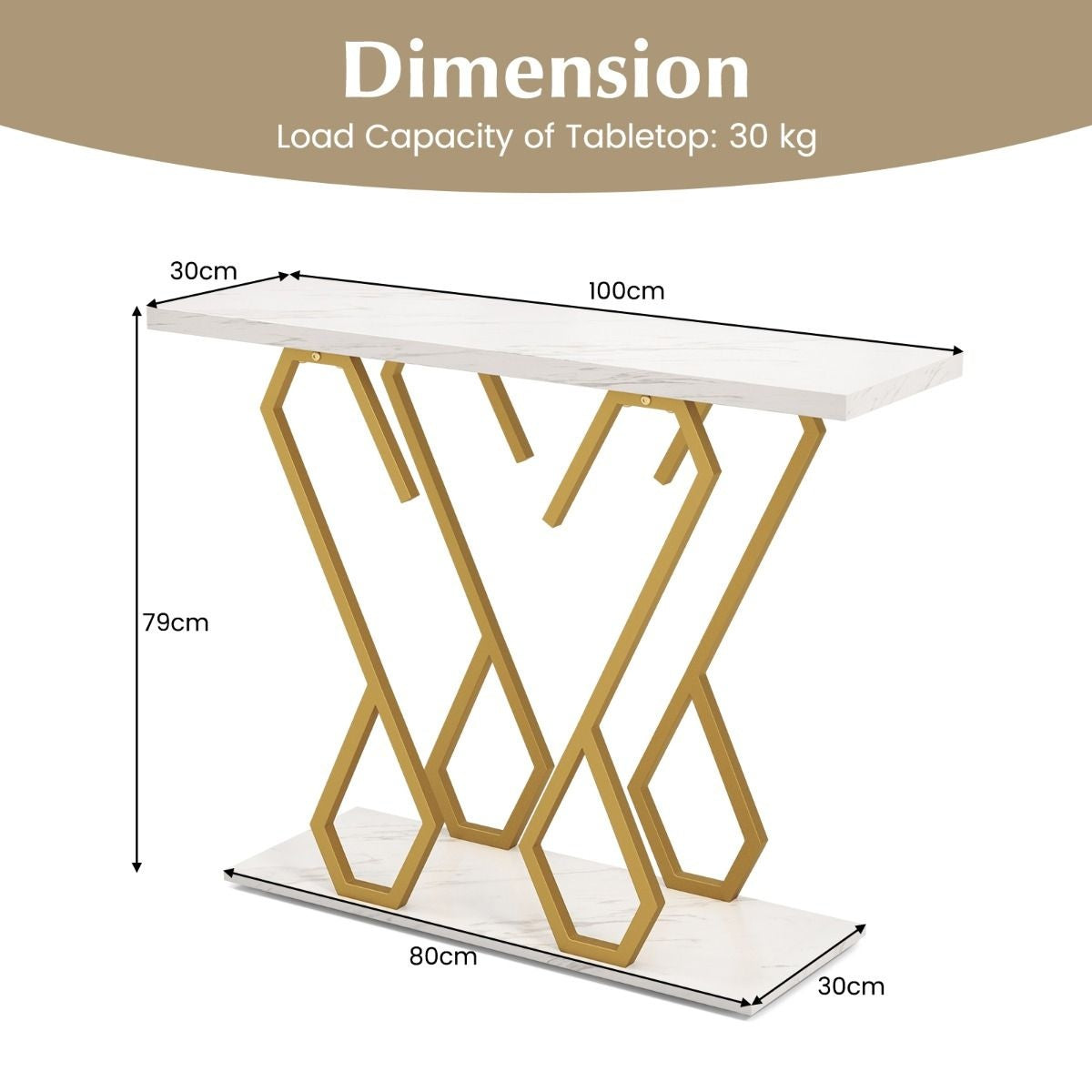 Coast Beistelltisch - Marmoroptik - 100 x 30 x 79 cm - Weiß/Gold