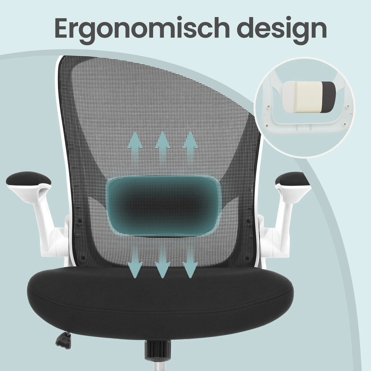 JOYFURNOS Ergonomischer Mesh-Bürostuhl – Schwarz – 60 x 64 x 103–110 cm – Verstellbare Lendenwirbelstütze – Hochklappbare Armlehnen