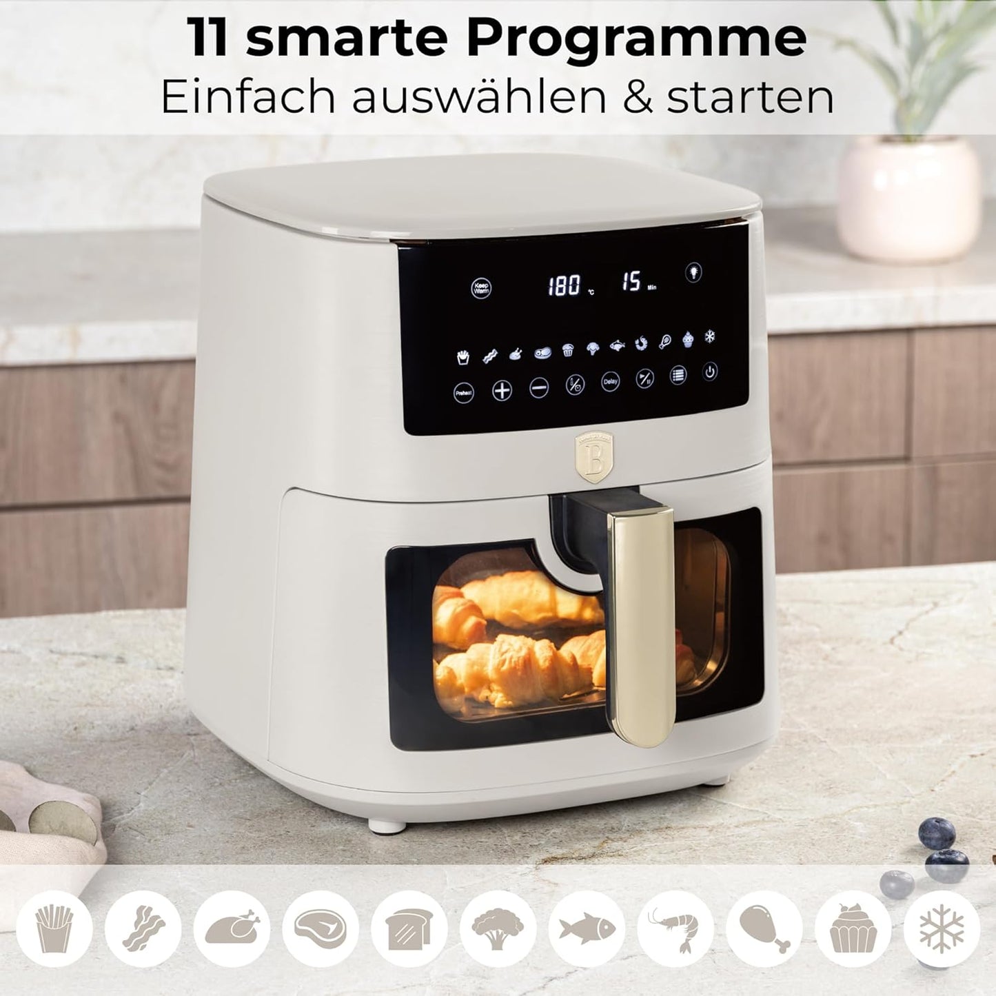 Berlinger Haus Heißluftfritteuse 8 Liter – Matt-Creme – Digitales Touch-Display – 1650 W – 33 x 36,5 x 36,5 cm