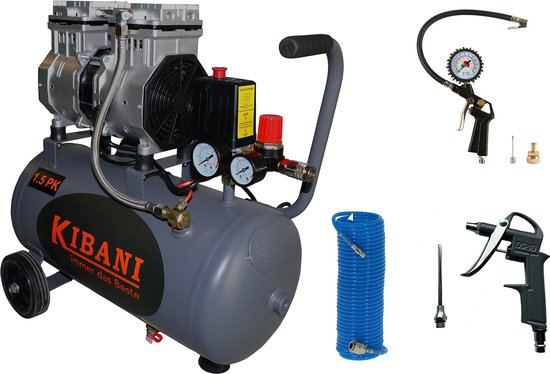 Kibani Superleiser Kompressor 50 Liter + Luftschlauch + Luftdüse + Reifenpumpe – SET – Low Noise – Kompressoren – 50 l