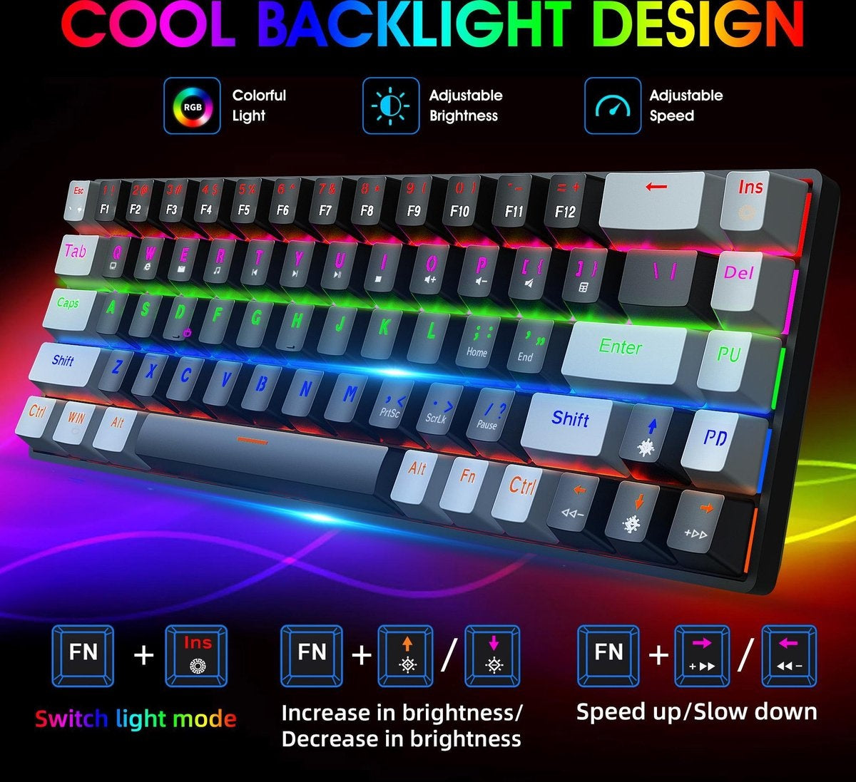 HXSJ V800 - Mechanische RGB-Gaming-Tastatur - QWERTY - 68 Tasten - TKL - Blauer Schalter - Schwarzgrau