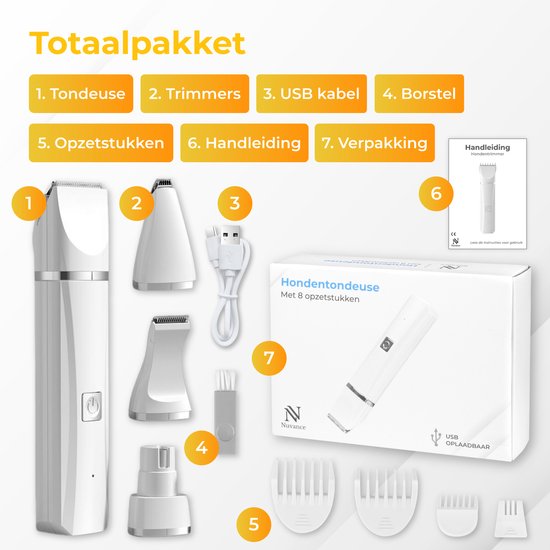 Nuvance - Hundeschermaschine 4 in 1 - Tierschermaschine für dickes Fell - Hundeschermaschine mit 7 Aufsätzen - Schnurlos - Hundetrimmer Schermaschine - Inklusive Nagelfeile