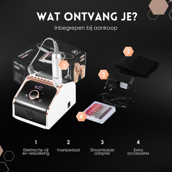 Beeperfect® Elektrische Nagelfeile Ultimate Edition - Nagelfräse - Maniküre- und Pediküre-Set - Kabellos - Inklusive 25 Bits 100 Schleifrollen und 5 Zubehörteile - Mit Fußpedal - 35000RPM