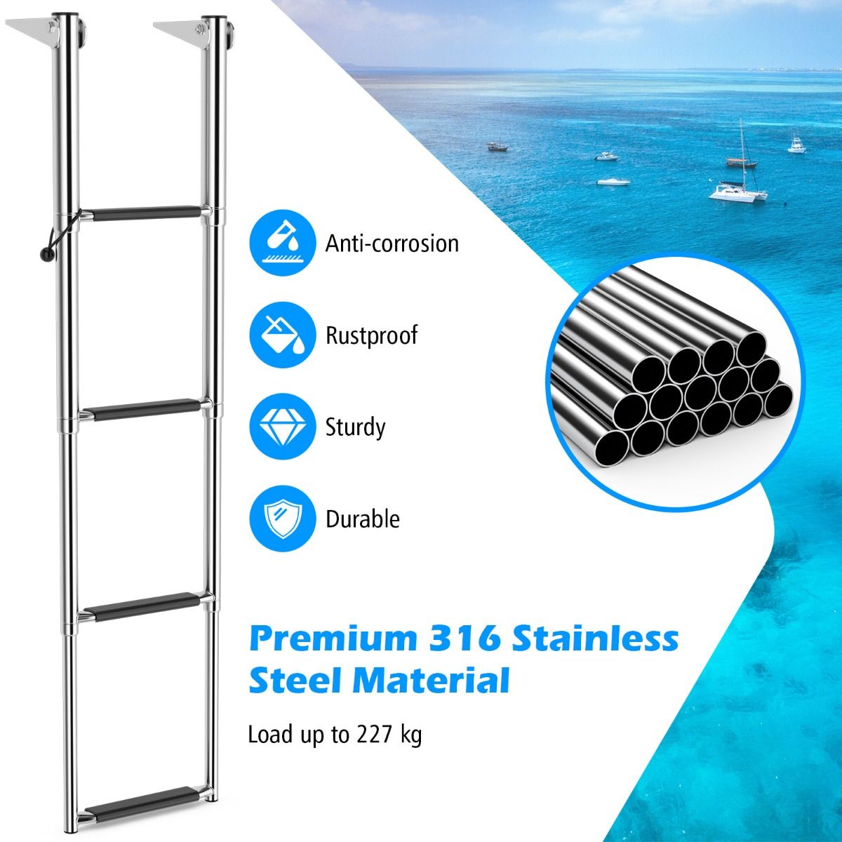 Coast Teleskop Bootsleiter 4-stufig - Anti-Rutsch - Edelstahl - 227kg Kapazität - Farbe Silber