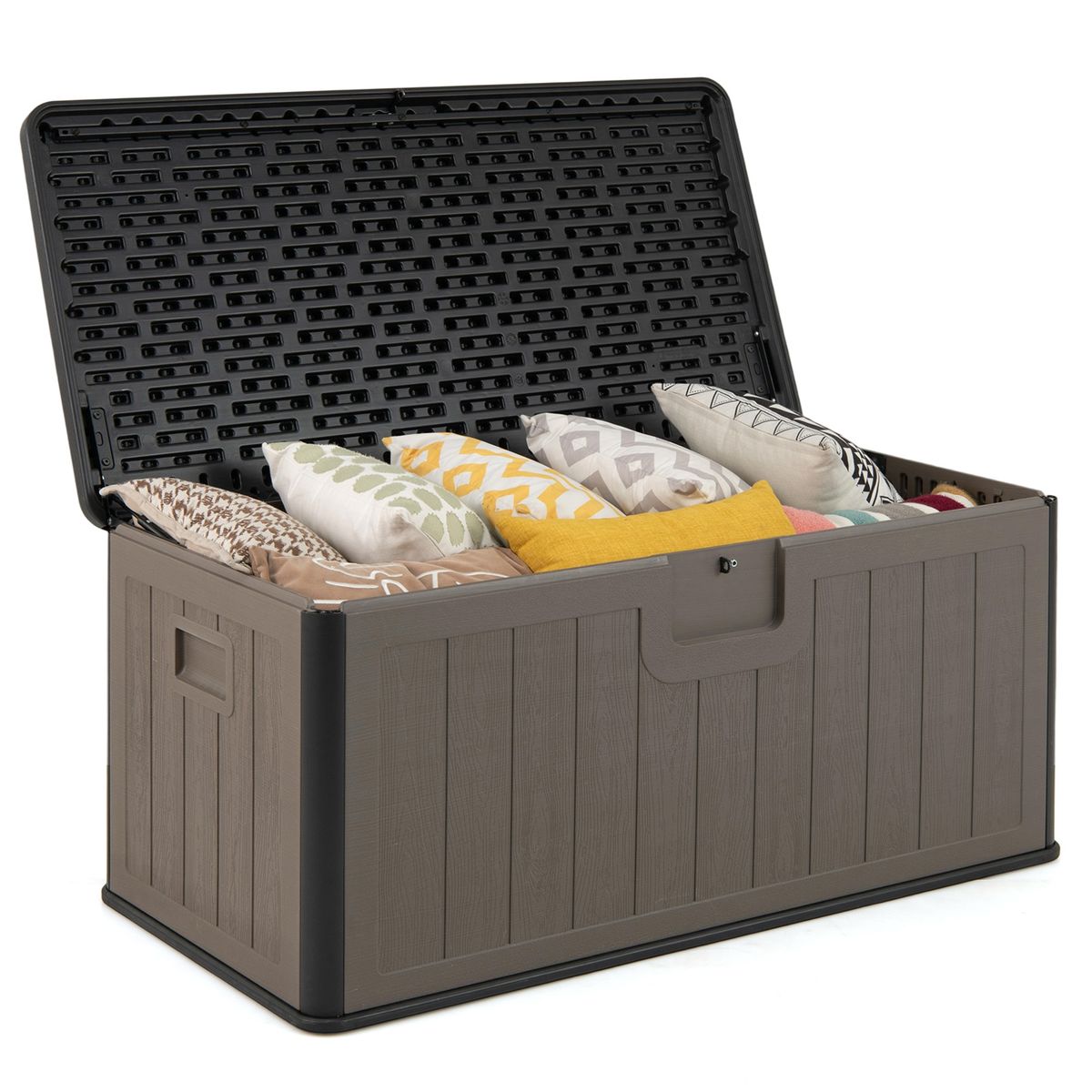 Coast Gartenbox – Kissenbox 378 Liter – Wasserdicht – Mit abschließbarem Deckel – Schwarz und Braun