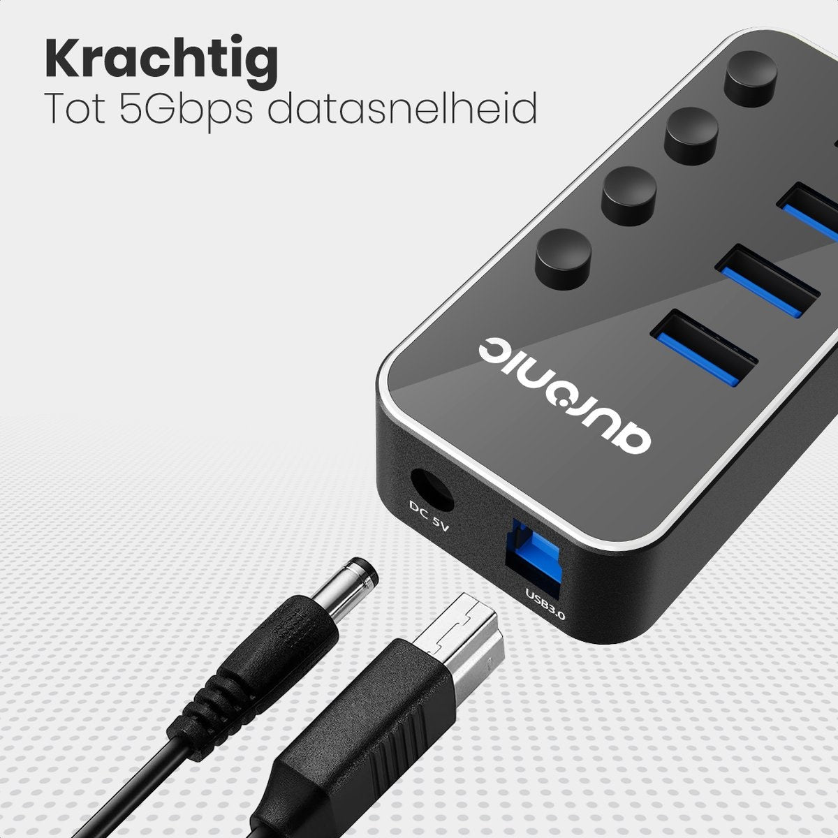 Auronic USB Hub 3.0 - USB Splitter mit 4 Ports - mit Netzteil - 5 GBPs - Led-Anzeige - Schwarz