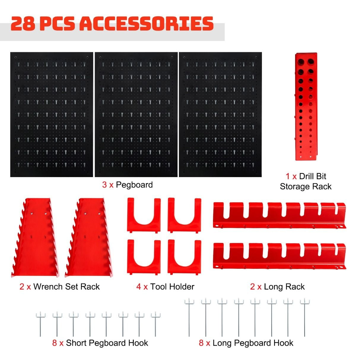 Pegboard Wall Organiser Metall Pegboard Tools Storage Kit mit 3 Pegboards & 25 hängenden Zubehör Schwarz+Rot