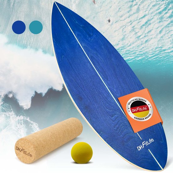 DH FitLife Wooden Balance Board mit Wippe - Balance Board für Kinder & Erwachsene - Indoor Fitness & Core Training, Blau