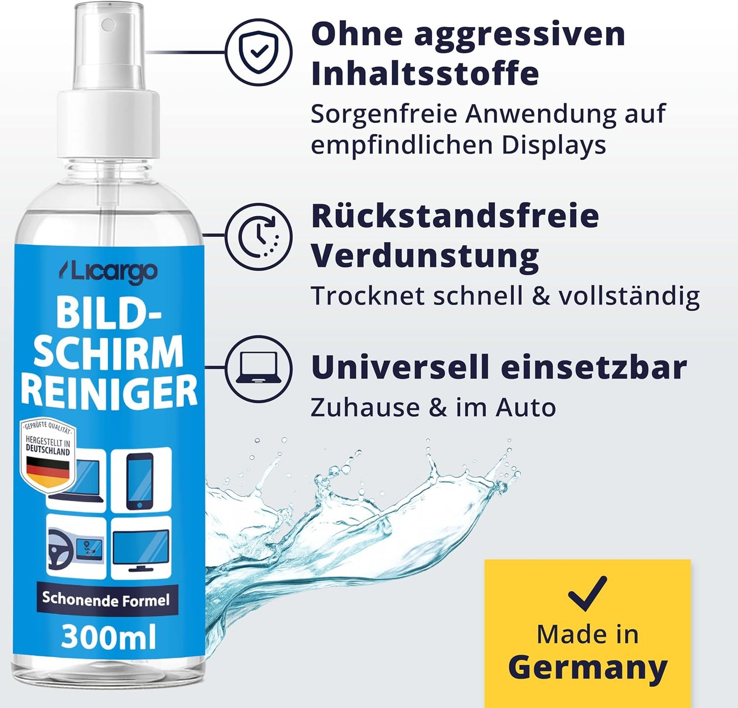 LICARGO Bildschirmreiniger-Spray 300 ml – ohne Streifen & alkoholfrei – für Fernseher, Monitore, Laptops, Tablets und Autodisplays