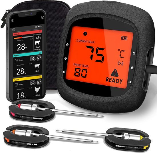 MostEssential PRO-3 Digitales Fleischthermometer - Kabellos - Mit App - 100M Reichweite - Inkl. 3 Messfühler - Schwarz