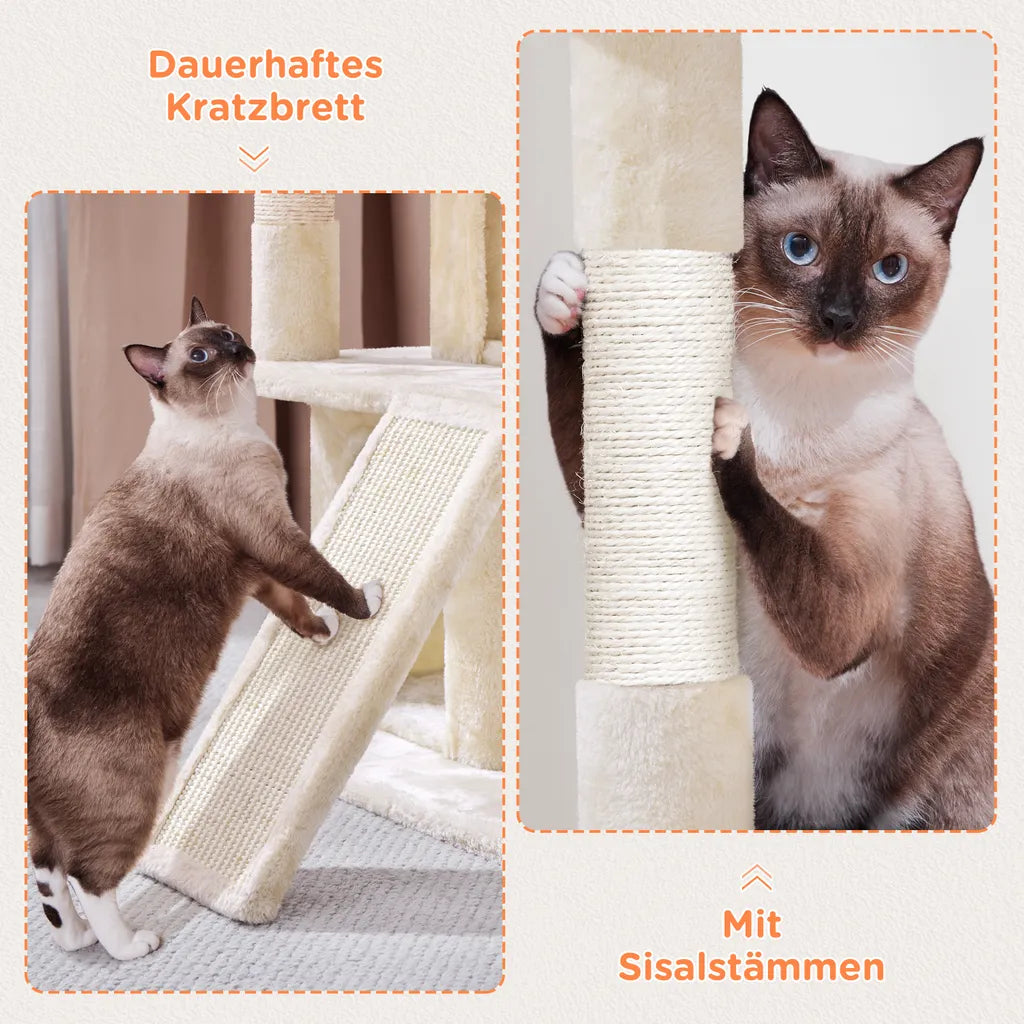 Yaheetech Katzenpfosten Beige - 91 cm hoch - mit 2 Katzenhäusern, Sisalkratzern und Spielball