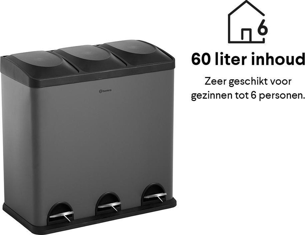 Homra MAXER Mülleimer - 3 Fächer - 60 Liter (3x 20L) - Tret-Abfalleimer - Grau