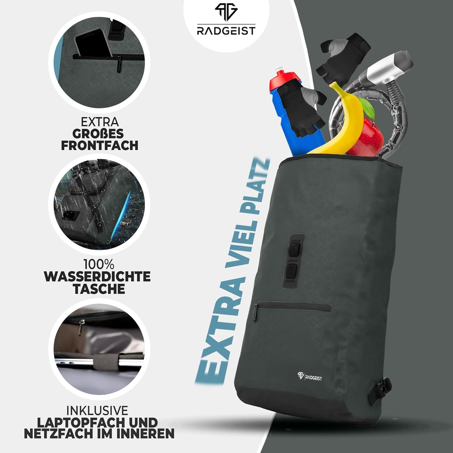 RADGEIST Fahrradtasche für Gepäckträger I Fahrradtasche & Rucksack I Fahrradtasche für Damen & Herren I Umhängetasche & Fahrradtasche 20L anthrazit