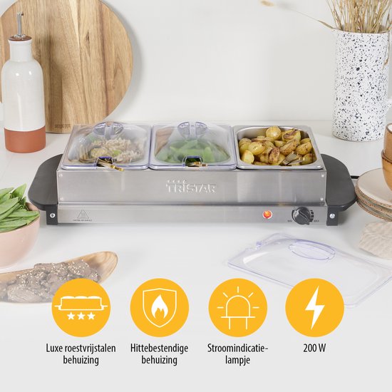 Tristar BP-6283 – Buffetwärmer 200 W – Chafing Dish – 3 x 1,4 Liter – inkl. Deckel – Edelstahl