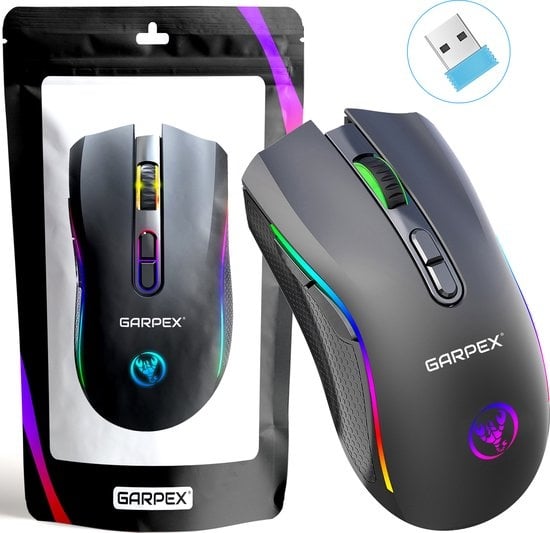 GarpexÂ® Silent Wireless Mouse - Gaming-Maus - Computermaus - Kabellose Maus - Mit LED-Beleuchtung - Wiederaufladbar - Schwarz
