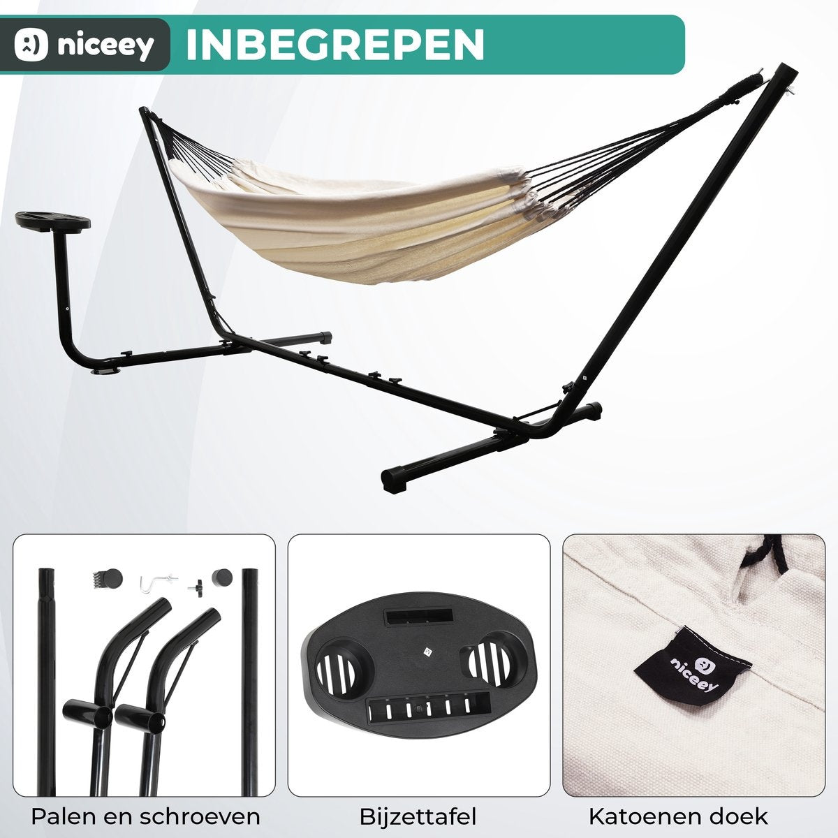 Niceey Hangmat met Standaard â€šÃ„Ã¬ 2 Persoons â€šÃ„Ã¬ Incl. Bekerhouder â€šÃ„Ã¬ 250kg - Beige