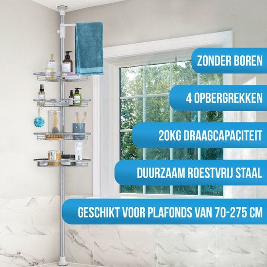 Strex - Teleskop Duschablage - rostfreier Stahl - 70-275 cm - 4 Körbe - ohne Bohren oder Schrauben - Silber