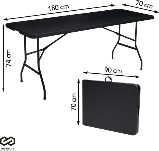 Infinity Goods Zusammenklappbarer Tisch - Klapptisch - 180 x 70 x 74 cm - Campingtisch - Gartentisch - Tragbar - Schwarz