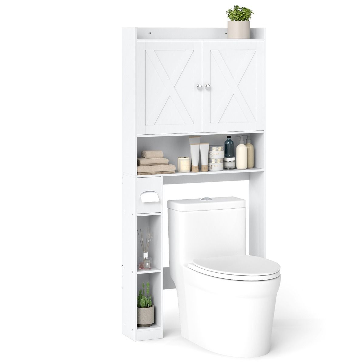 Coast Toilettenschrank mit Doppeltüren – verstellbare Einlegeböden – Toilettenpapierhalter – gewaschenes Grau/Weiß – 81,5 x 19,5 x 172 cm