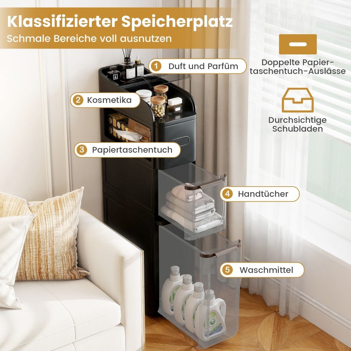 Coast Schmaler Badezimmerschrank mit 2 Schubladen und Papiertuchspender – Schwarz – 43 x 18 x 88 cm