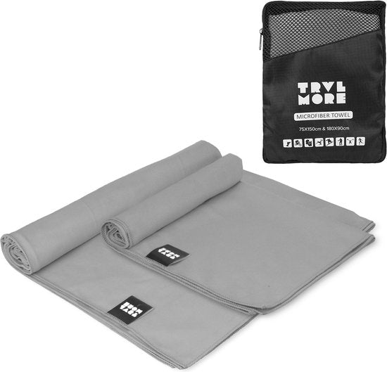 TRVLMORE Mikrofaser-Reisehandtuch-Set - 2 Stück - Groß (75 x 150 cm) & Extra groß (90 x 180 cm) - Mikrofaser - Grau