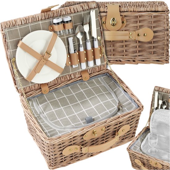 tectake - komplettes Picknickkorb-Set Ameland - Luxuriöses 13-teiliges Picknick-Set für 2 - Picknickkorb aus Weidengeflecht - Inklusive Kühlbox, Set mit Tellern, Kunststoff-Weingläsern und Edelstahl-Besteck