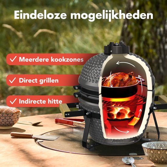 KitchenBrothers Kamado BBQ - 13 Zoll Holzkohlegrill - 27⌀ cm - PFAS-frei - Deluxe Set - Eiergrill mit Zubehör inklusive Abdeckung - Grau