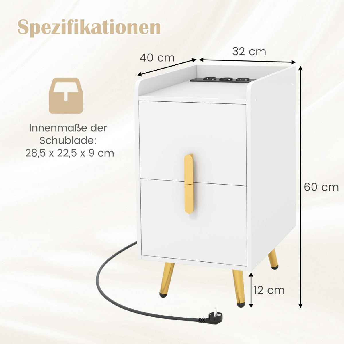 Coast Nachttisch mit eingebauten Steckdosen - 40 x 32 x 60 cm - Weiß