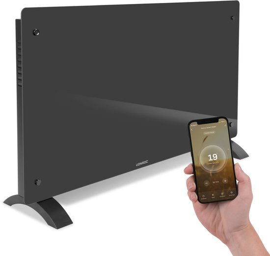 VONROC Luxury electric heater - Konvektorheizung mit Glasscheibe - 1250W/2500W- Beheizt Räume bis zu 30m2 - Gesteuert sowohl mit App (über Wifi) als auch manuell - Einstellbarer Thermostat und Timer - Grau