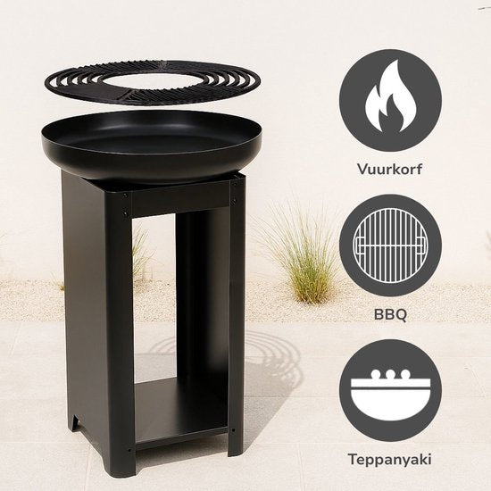 Alpina 3-in-1-Feuerkorb und Grillplatte – Gartenkamin 61 x 90 cm – mit Teppanyaki-Grillplatte – Plancha-Grill mit Holzlager – Feuerkorb für den Außenbereich – Metall