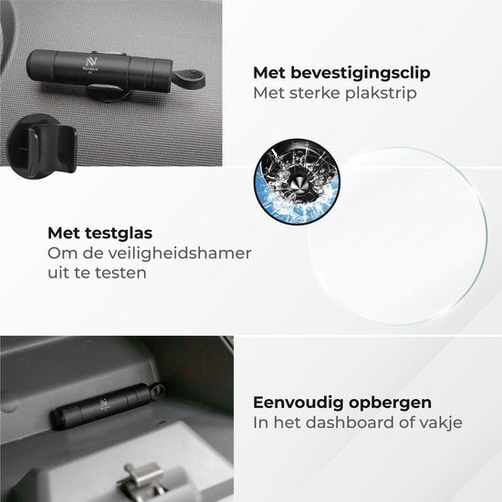Nuvance Sicherheitshammer – Nothammer – inkl. selbstklebender Halterung und Testglas – Gurtschneider – Auto-Hammer – Sicher unterwegs – Schwarz