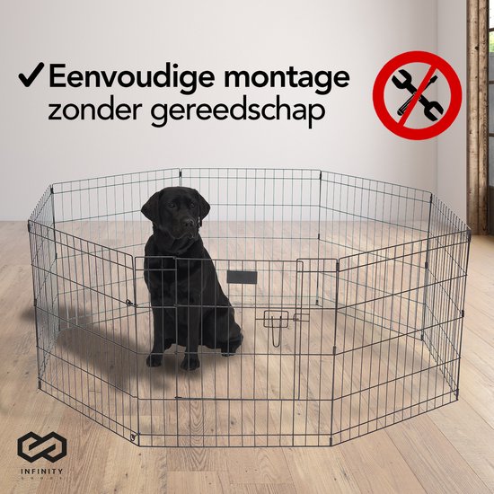 Infinity Goods Puppyren - Hondenren - 8 Panelen - 60 x 76 CM - 608 CM Omtrek - Opvouwbaar - Met Deur - Konijnenren - Zwart
