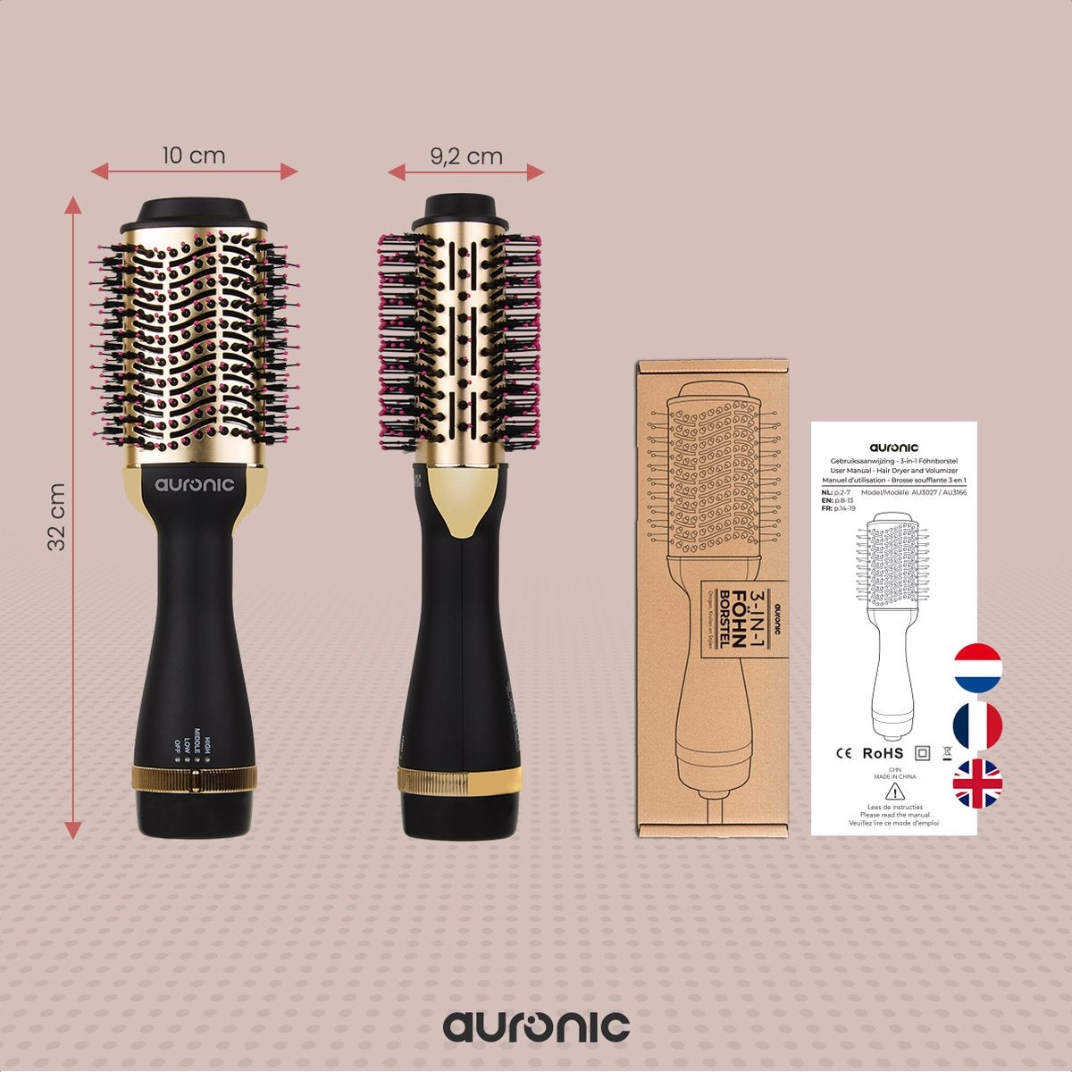 Auronic 3-in-1 Haartrocknerbürste Lockenbürste Glätteisen Schwarz/Gold
