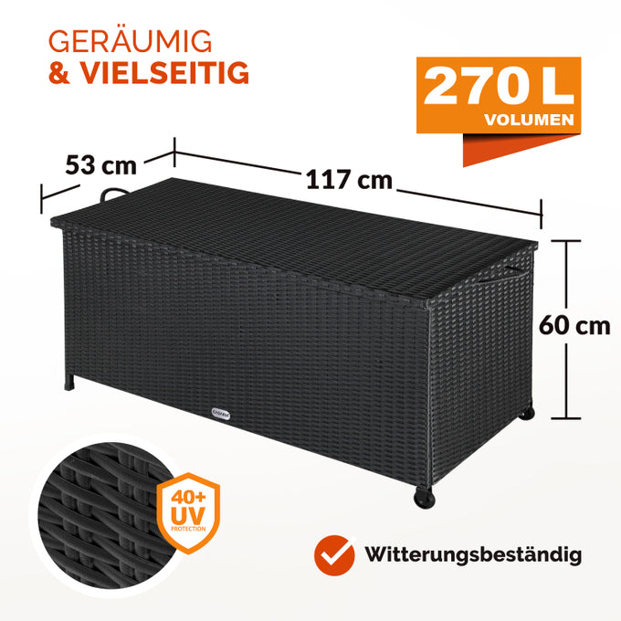 Casaria Polyrotan-Kissenbox - Ausgestattet mit zwei Gasfedern und wasserdichter Innenauskleidung und zwei Rädern - Für Sitzkissen und Gartenzubehör - Schwarz pulverbeschichteter Stahl - Einhundertsiebzehn lang und dreiundfünfzig breit und sechzig hoch cm