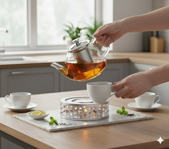Vaja® Heizgerät mit Wachslicht für Teekanne - Heizgerät mit Kerze - Teelichthalter - Teewärmer - Teezubereiter - Heizgerät - Silber