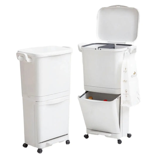 Ochama Mülleimer mit Trennsystem – 2 Fächer – auf Rollen – 45 l – Weiß