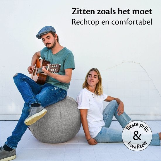 Bckz Sitzball Büro und Zuhause 55 CM - Luxus-Yoga-Ball - Sitzball mit Hülse - Ergonomischer Bürostuhl-Ball - Leinen Hellgrau