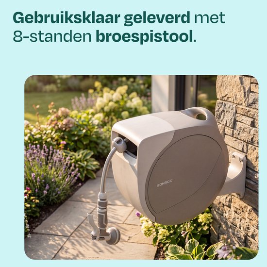 VONROC Automatischer Gartenschlauchaufroller – Gartenschlauchbox zur Wandmontage – inkl. 30 m Premium-Gartenschlauch, Spritzpistole mit 8 Sprühstufen und Anschlüssen – beige