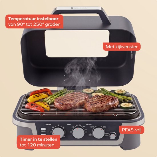 KitchenBrothers Elektro-Grill und Smoker – Tischmodell für den Balkon – 90 °C bis 250 °C – 2600 W – Tischgrill – Mit Sichtfenster