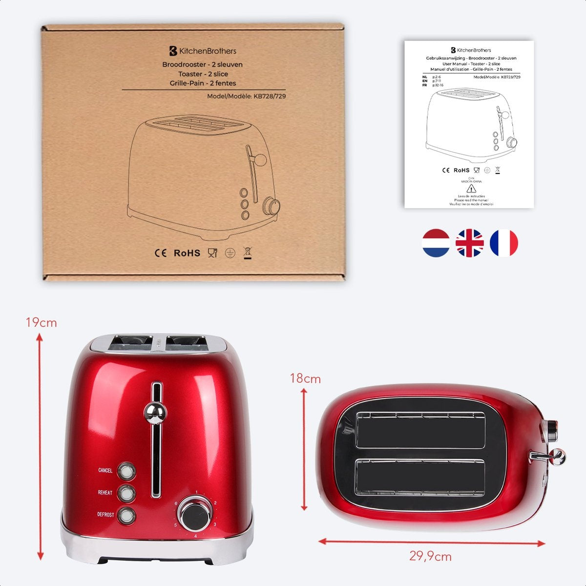 KitchenBrothers Retro-Toaster - 6 Heizstufen - 2 extra breite Schlitze - 1630W - Aufwärm- und Auftaufunktion - Rot