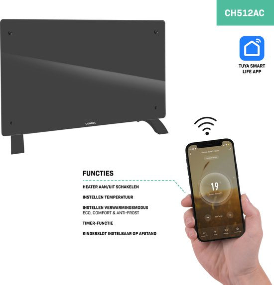 VONROC Luxury electric heater - Konvektorheizung - Mit Glasscheibe - 1000W/2000W - Beheizt Räume bis zu 24m2 - Gesteuert mit App (über Wifi) oder manuell - Einstellbarer Thermostat und Timer - Grau