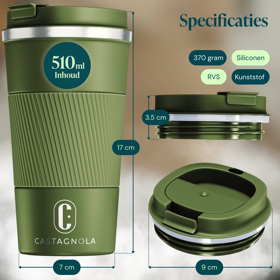 Castagnola Thermobecher – Kaffeebecher zum Mitnehmen – Reisebecher für Kaffee und Tee – Teebecher – 510 ml – Edelstahl – Grün