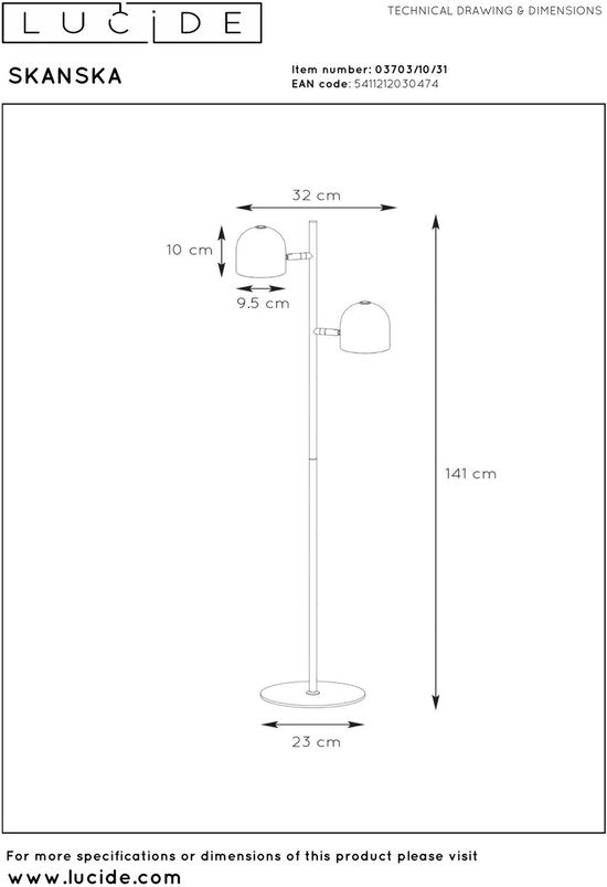 Lucide SKANSKA – Stehlampe – LED 3-Stufen-Dimmer – 2×5 W, 3000 K – Weiß